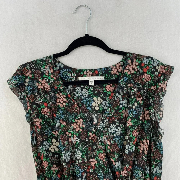 Veronica Beard Fountain Dress 8 Black Blue Ruched Short Sleeve Ruffles 100% Silk - Picture 6 of 10